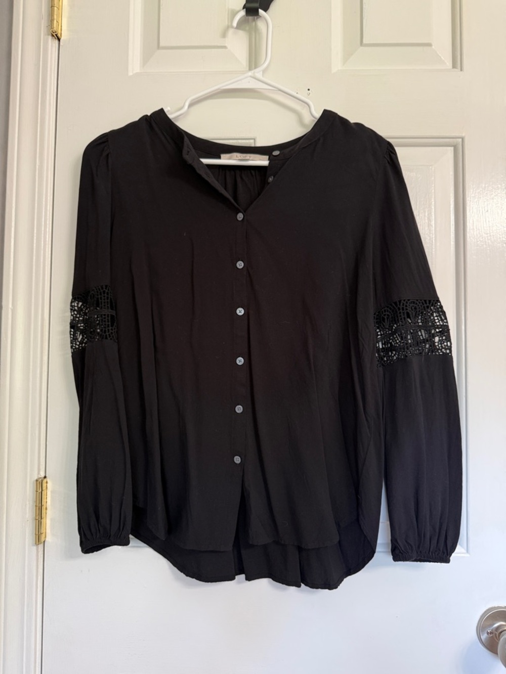LOFT Black Button-Front Blouse with Crochet Sleeve Panels